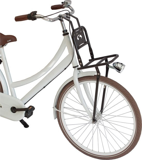 Steco voordrager transport comfort voor 20/24 inch fietsen, 20x20 cm, 375 mm breedte, op een fiets gemonteerd.