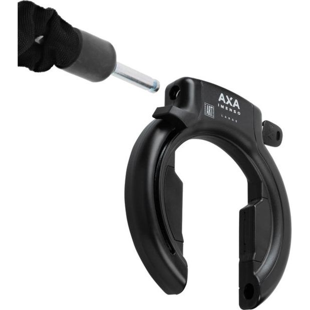 Axa Imenso grote ringslot voor fietsen, stevig en veilig, met metalen ketting en slotmechanisme, in zwart.