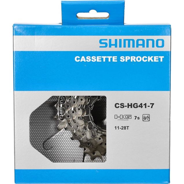 Shimano HG41 cassette 7-speed met 11-28T tandwielen, zichtbaar op een afbeelding met de onderdelen en tandwielen.