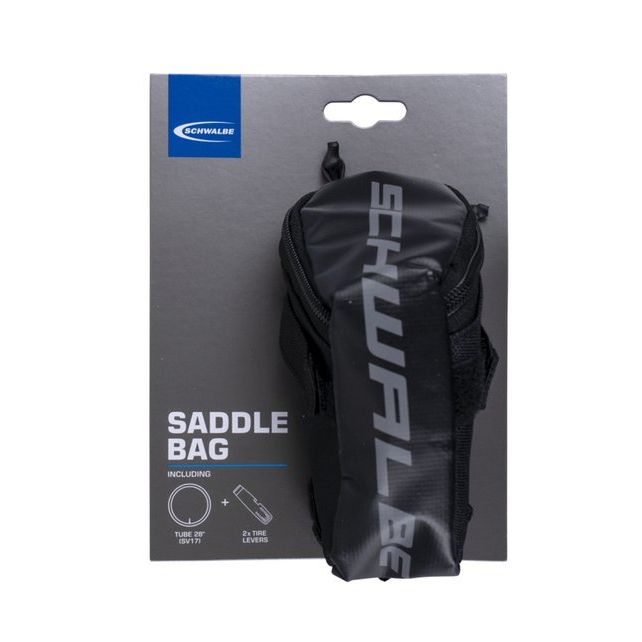 Zadeltas van Schwalbe in zwart met binnenband SV17 en twee bandenlichters, geschikt voor fietsreparatie.