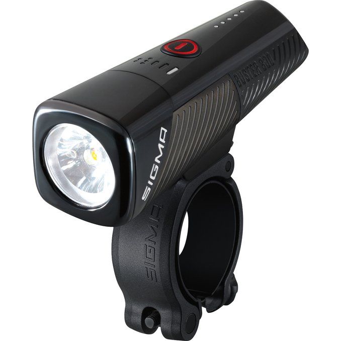 Sigma Buster USB koplamp voor fiets, heldere LED-lichtbron en verstelbare band, geschikt voor veilig fietsen in het donker.