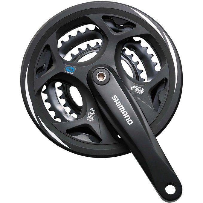 Shimano Altus trekking crankstel met 48/38/28T kettingblad en kettingbeschermer in zwart, geschikt voor 7/8 snelheids fietsen