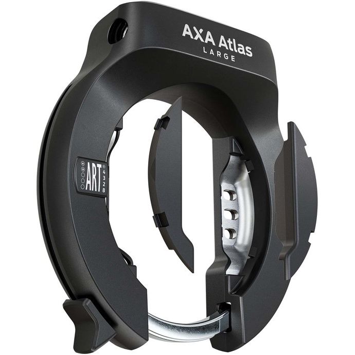 Axa Ringslot Block XXL in zwart, bevestigd op een kaart, voor extra fietsbeveiliging, zichtbaar in de afbeelding.