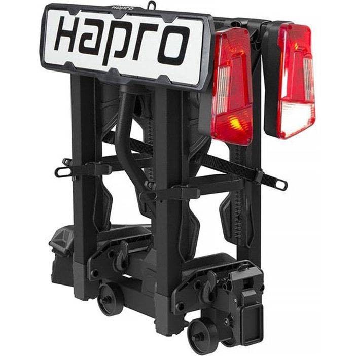 Zwarte Hapro Atlas Xfold II 2F fietsendrager voor trekhaak, kantelbaar met 13-polige aansluiting, geschikt voor fietsen.
