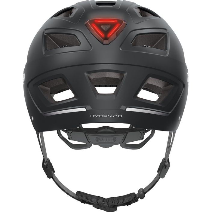 Abus Hyban 2.0 E-bike helm met geïntegreerd led-achterlicht en ventilerende pasvorm voor veilig fietsen.