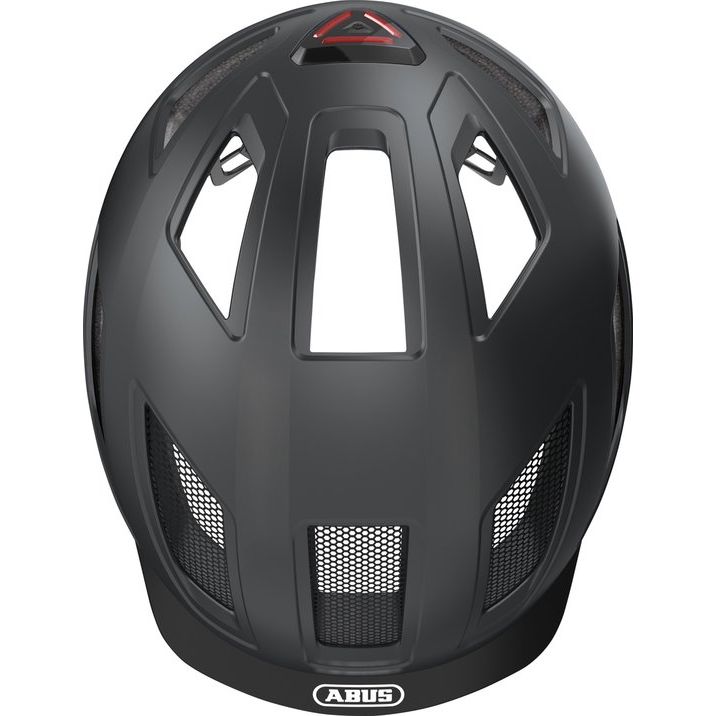 Abus Hyban 2.0 E-bike helm met geïntegreerd led-achterlicht, ventilerend ontwerp en verstelbare riem voor comfortabel fietsen.