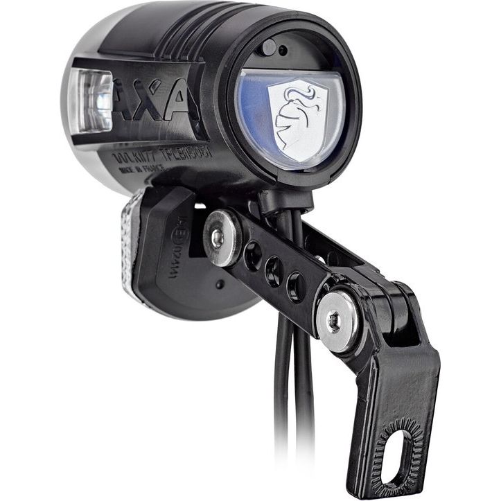Zwarte Axa Blueline 50-T Steady koplamp met naafdynamo, 50 lux, geschikt voor fietsverlichting, zichtbaar op de afbeelding.