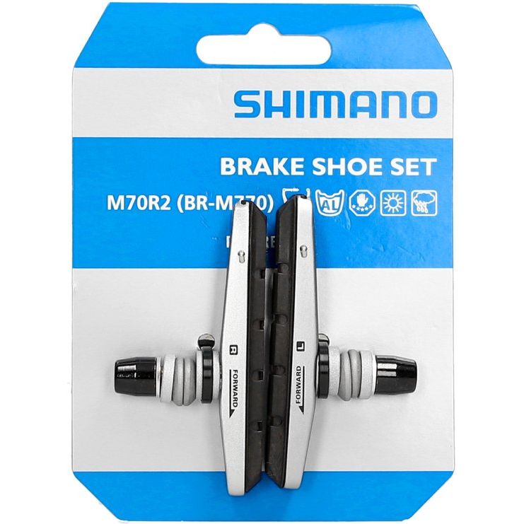 Shimano M70R2 V-brake remblokset cartridge in zilver, compatible met V-brake remmen, zichtbaar op de afbeelding.