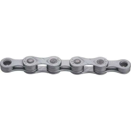 Donkere zilveren KMC E9 EPT 9-speed ketting voor fietsen, 1/2 inch X 11/128 inch, zichtbaar in de afbeelding