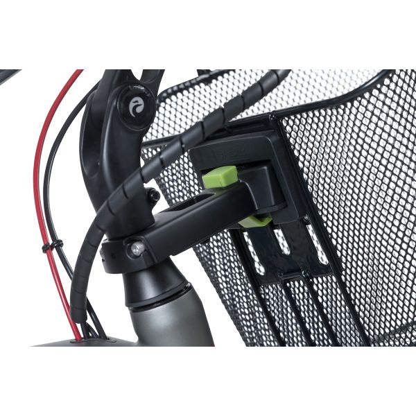 Zwarte Basil Ahead-Stemhouder voor fietsstuurpen, aluminium, geschikt voor fietstas accessoires, zichtbaar op fietsstuur.