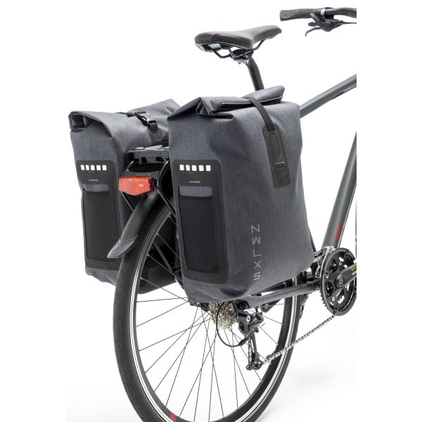 Dubbele grijze New Looxs fietstas Varo Racktime, 40 liter, 28x43x17 cm, geschikt voor fietsen met dubbele manden.