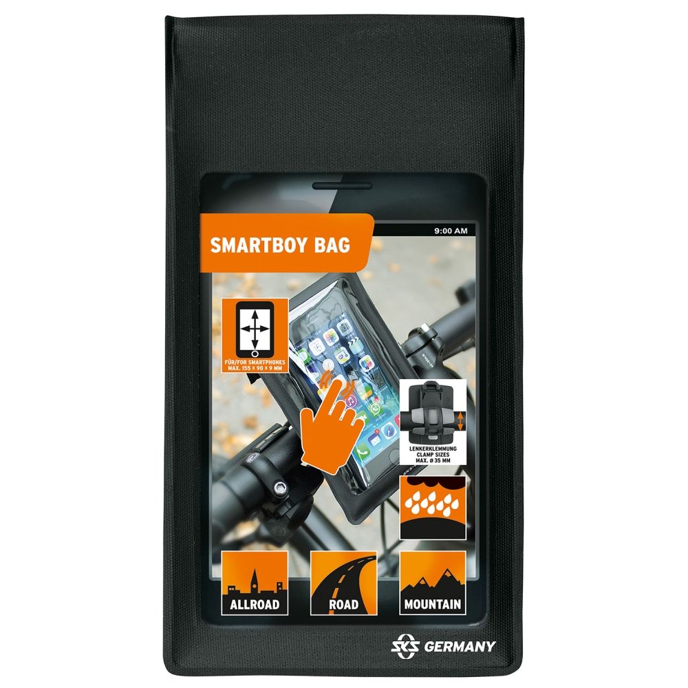Zwarte SKS Smartboy fiets telefoonhouder met beschermhoes, geschikt voor veilige montage op de fiets.
