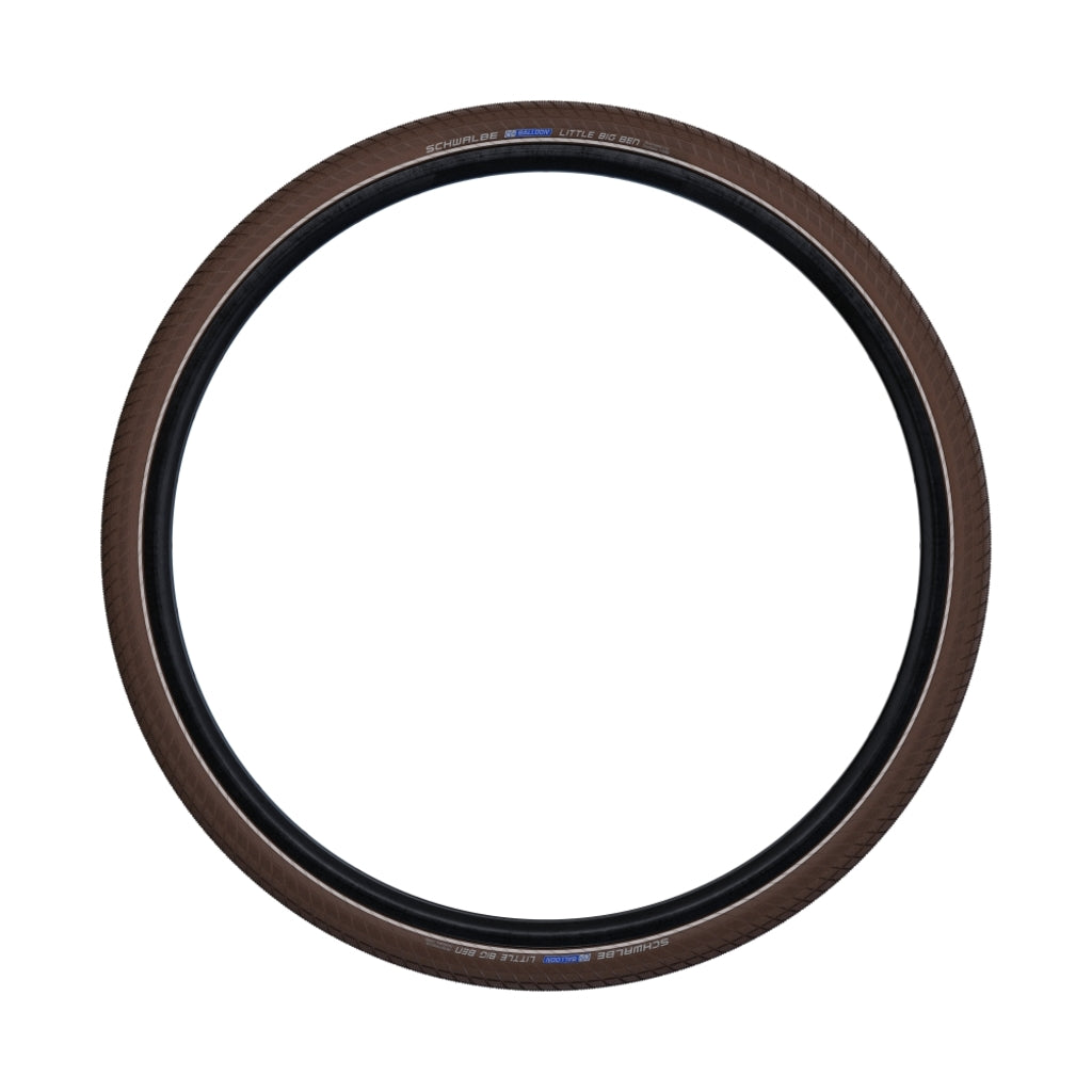 Schwalbe Little Big Ben 28" stadsfiets buitenband met K-Guard voor extra bescherming, liggend op een fiets.