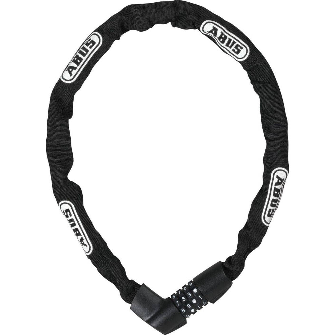Abus Tresor 1385 kettingslot van 75 cm met textielhoes en cijferslot, zichtbaar met stevige ketting en beschermhoes.