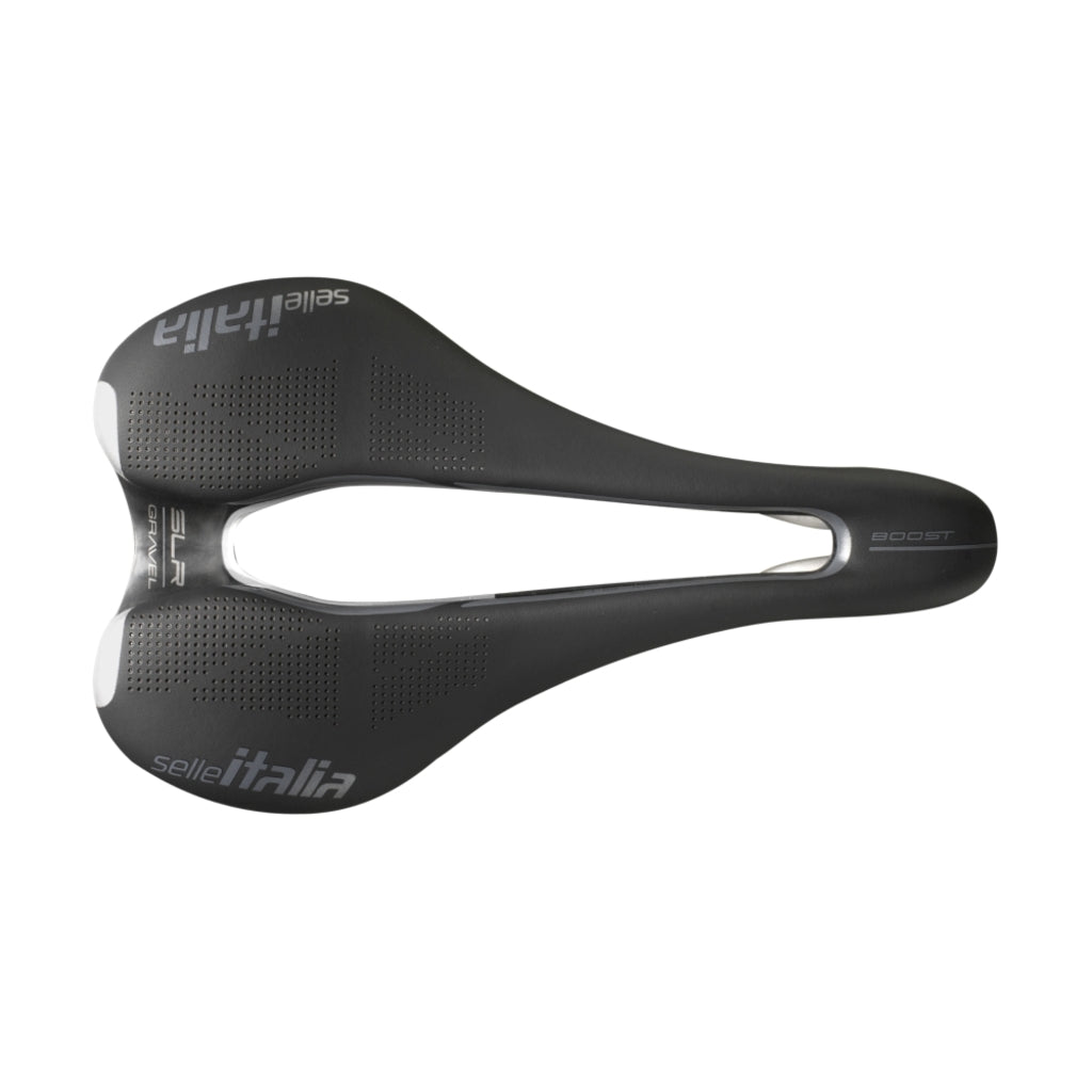 Selle Italia SLR Boost Gravel Superflow racefiets- en MTB-zadel met TI 316 Rails, lichtgewicht en ergonomisch ontworpen.
