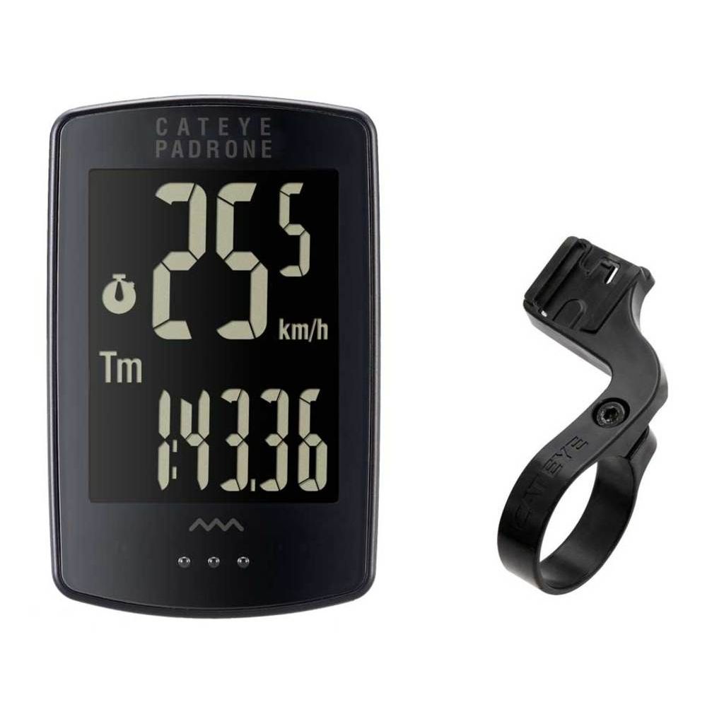 Cateye Padrone Stealth CC-PA100W draadloze fietscomputer met kilometerteller en stalen houder, zichtbaar op de afbeelding