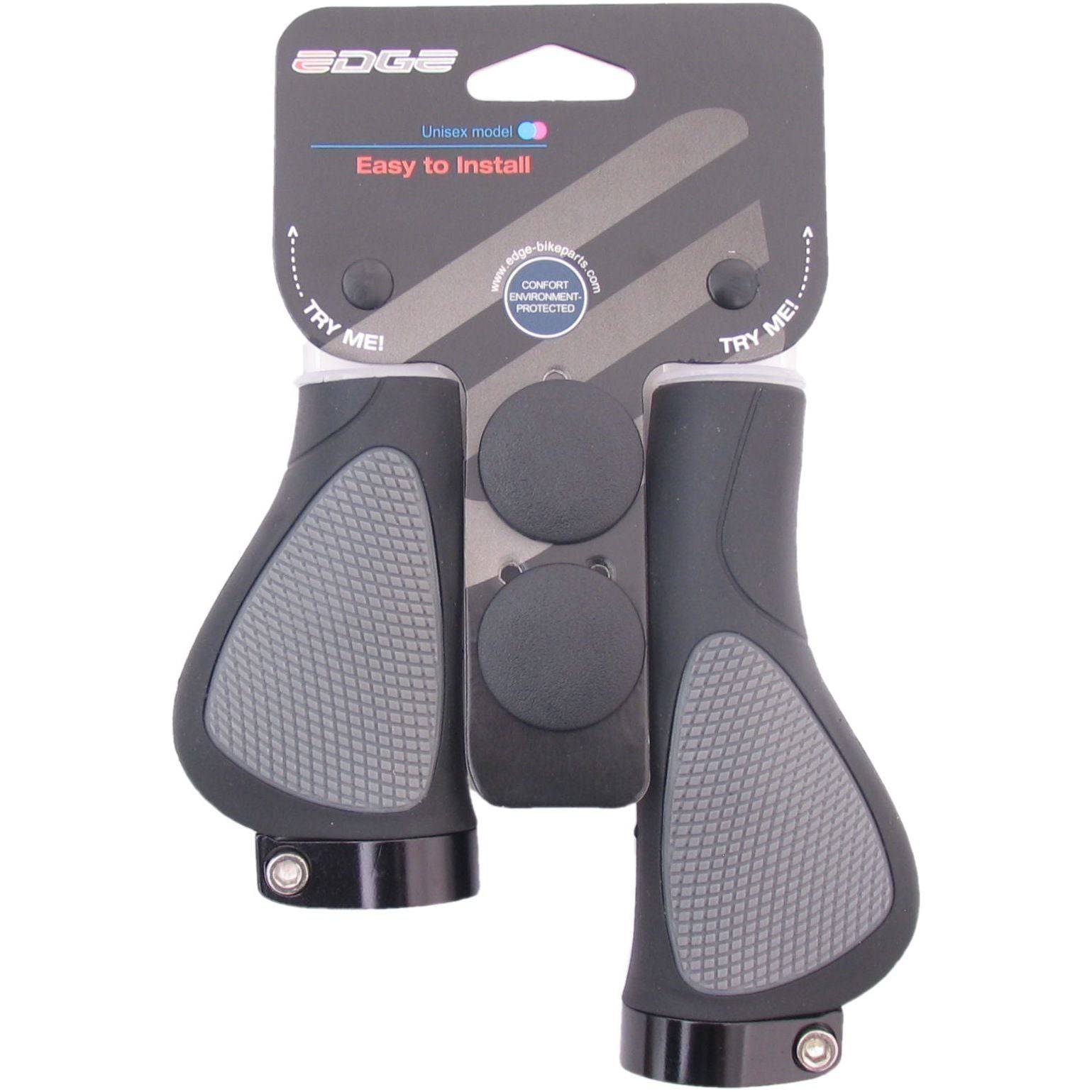 Zwarte en grijze Edge Ergocity Plus handvatten met lockring, 136/95 mm, voor fiets en comfortabel gebruik