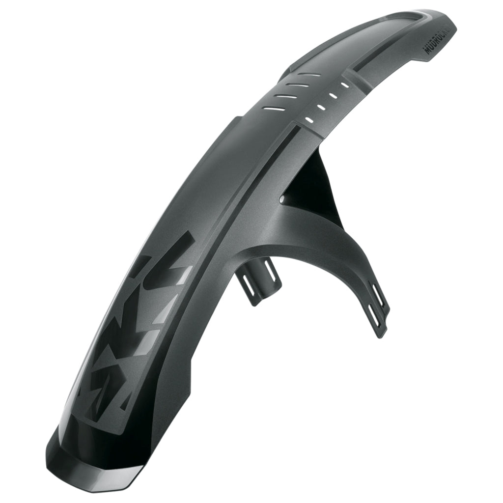 Zwart SKS Mudrocker voorspatbord voor 27.5 en 29 inch mountainbikes, gemaakt van PVC, beschermt tegen modder en water.