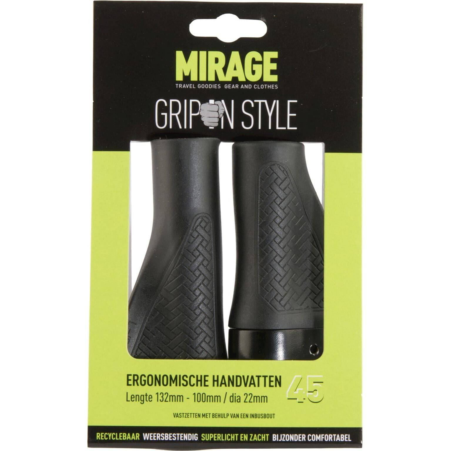 Zwart Mirage handvatpaar grips in stijl #45 met lockring, geschikt voor fiets of scooter, zichtbaar op de afbeelding.