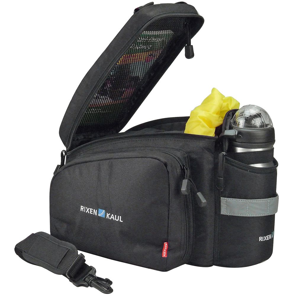 KLICKfix bagagedragertas met bevestigingshaken en verstelbare riem voor fiets- en reisbagage, zwart en robuust.
