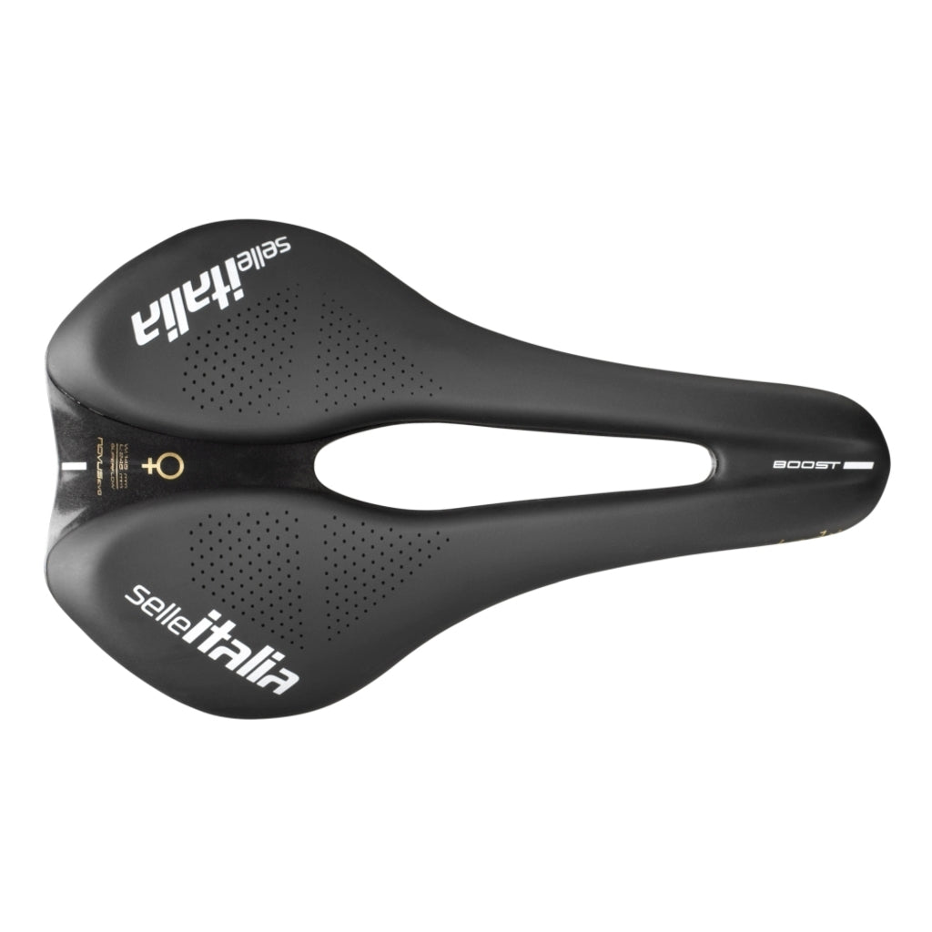 Zwarte Selle Italia Novus Boost Evo Lady TM Superflow racefiets- en MTB-zadel met Manganese L3 frame, comfortabel en lichtgewicht