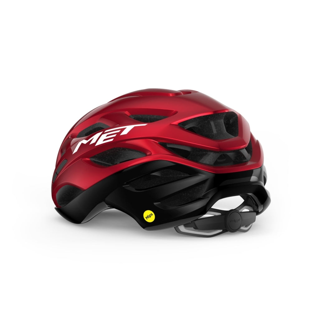 Racefiets helm MET Estro Mips met aerodynamisch ontwerp en ventilatieopeningen, geschikt voor wielrenners.