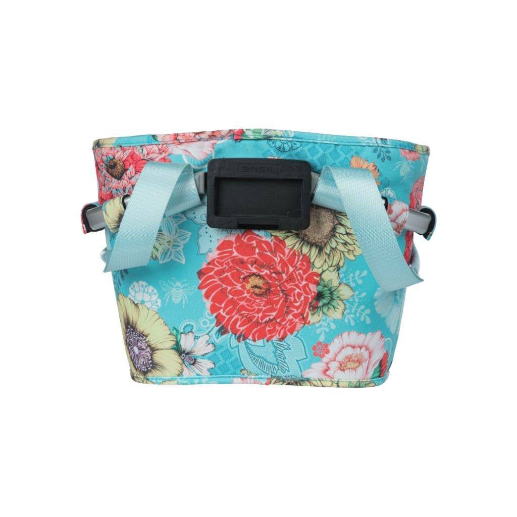 Basil Bloom Field fietsmand voor- met draagriem, 15 liter, 27x37x25 cm, natuurlijke katoenen design op fiets bevestigd