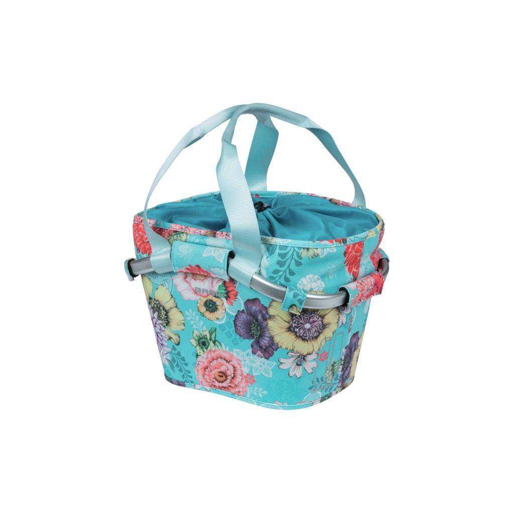 Basil Bloom Field fietsmand voorop, 15 liter, 27x37x25 cm, met bloemenpatroon en draagriem, geschikt voor fietsaccessoires