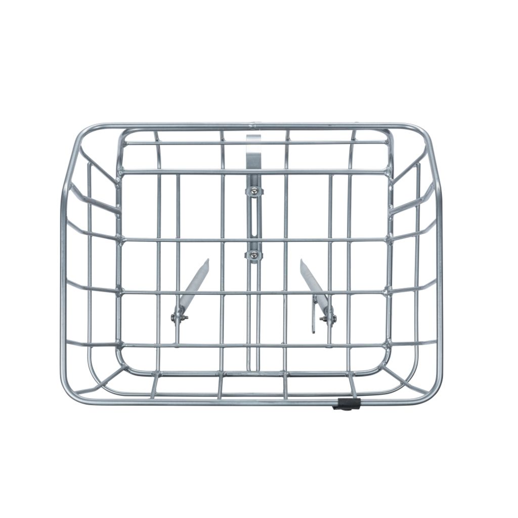 Basil Portland aluminium fietskorf met 25 liter capaciteit, geschikt voor fietsmanden, zichtbaar met inhoud en bevestigingsriemen.