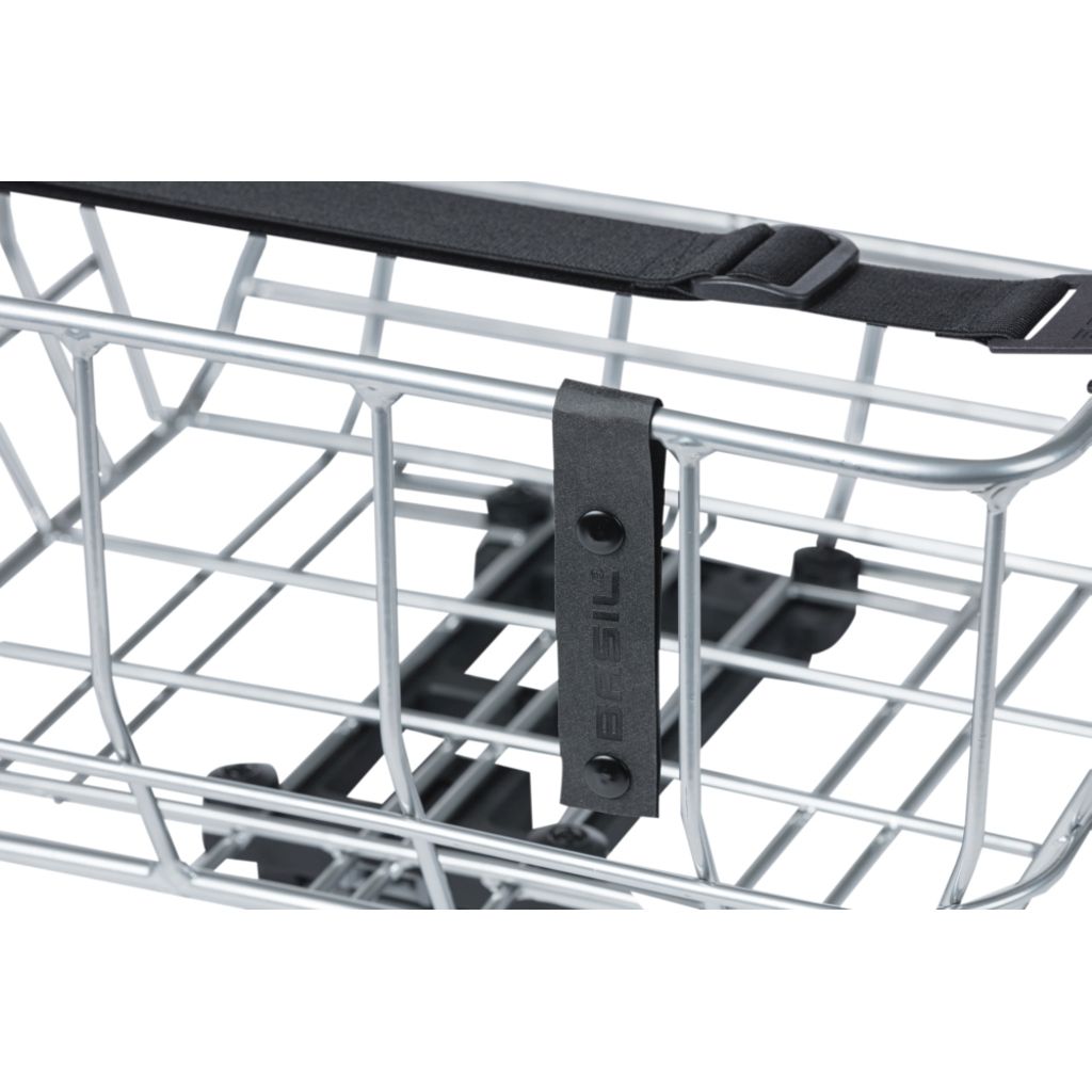 Basil Portland fietskorf van aluminium met 25 liter capaciteit, geschikt voor fietstassen en accessoires.