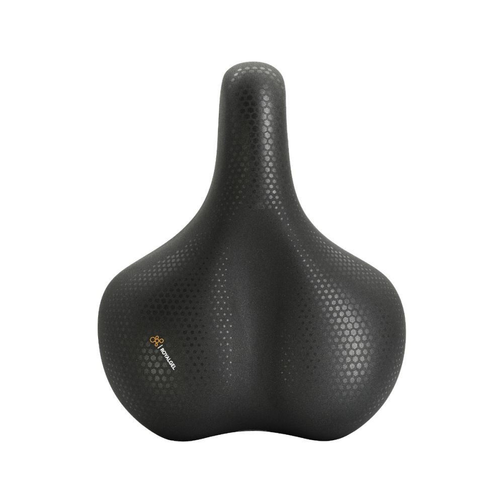 Selle Royal Avenue Relaxed Urban Life zadel op stadsfiets of e-bike, comfortabel Royalgel, zwart met zachte padding en verstelbare zadelpen.
