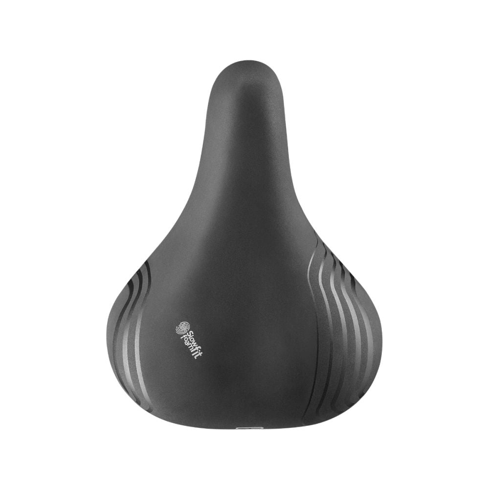 Zwart Selle Royal Roomy Relaxed stadsfiets- en e-bike zadel met zachte schuimvulling, ontworpen voor comfortabel stadsrijden.