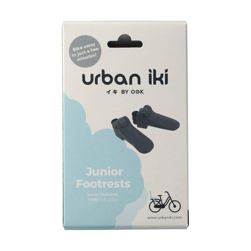 Urban Iki junior voetsteun inklapbaar zwart voor fietsstoeltjes, verstelbaar en compact, geschikt voor kinderfietsen en accessoires.