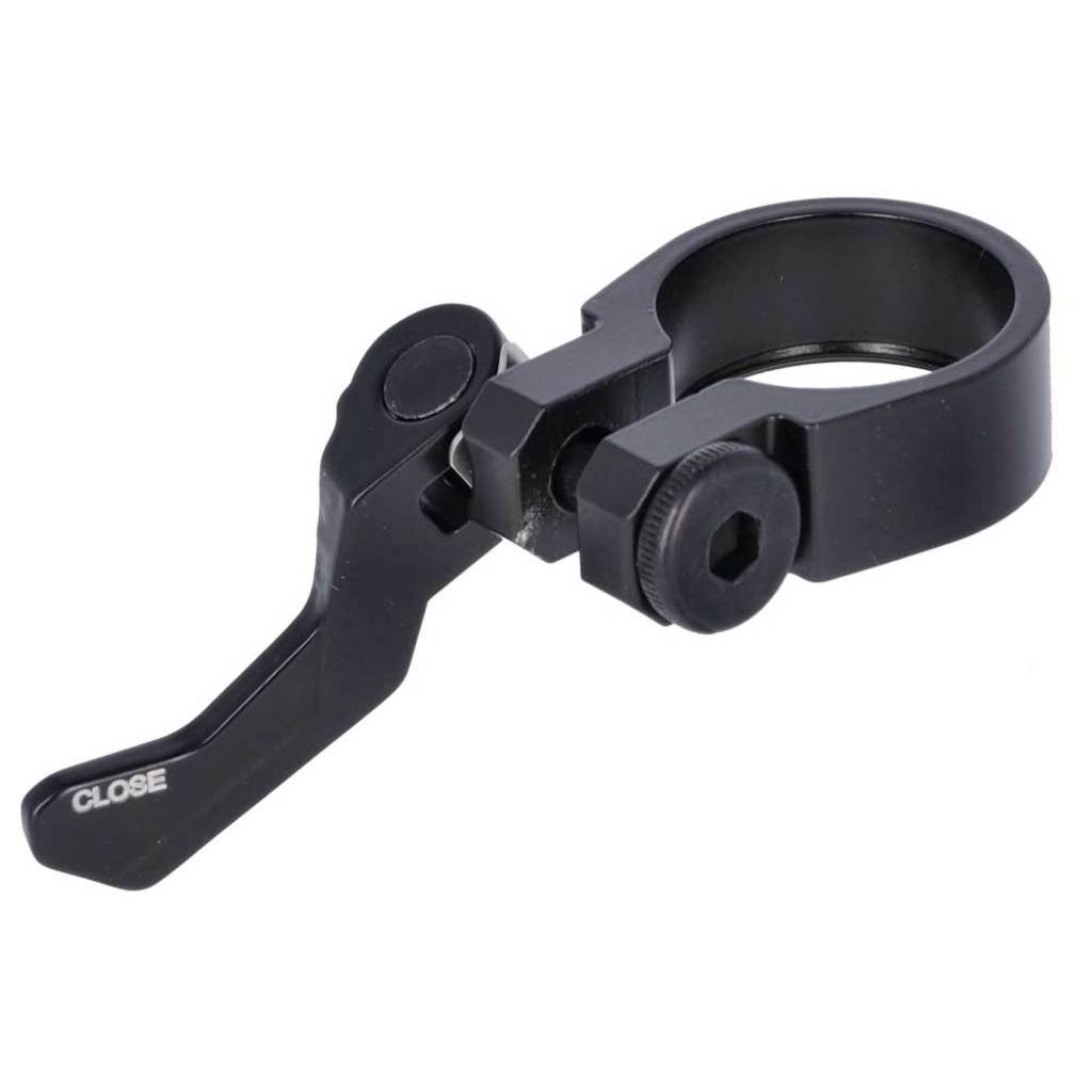 Zwart Ursus aluminium zadelpenklem met snelspanner voor fiets, stevig en lichtgewicht, zichtbaar op de afbeelding.