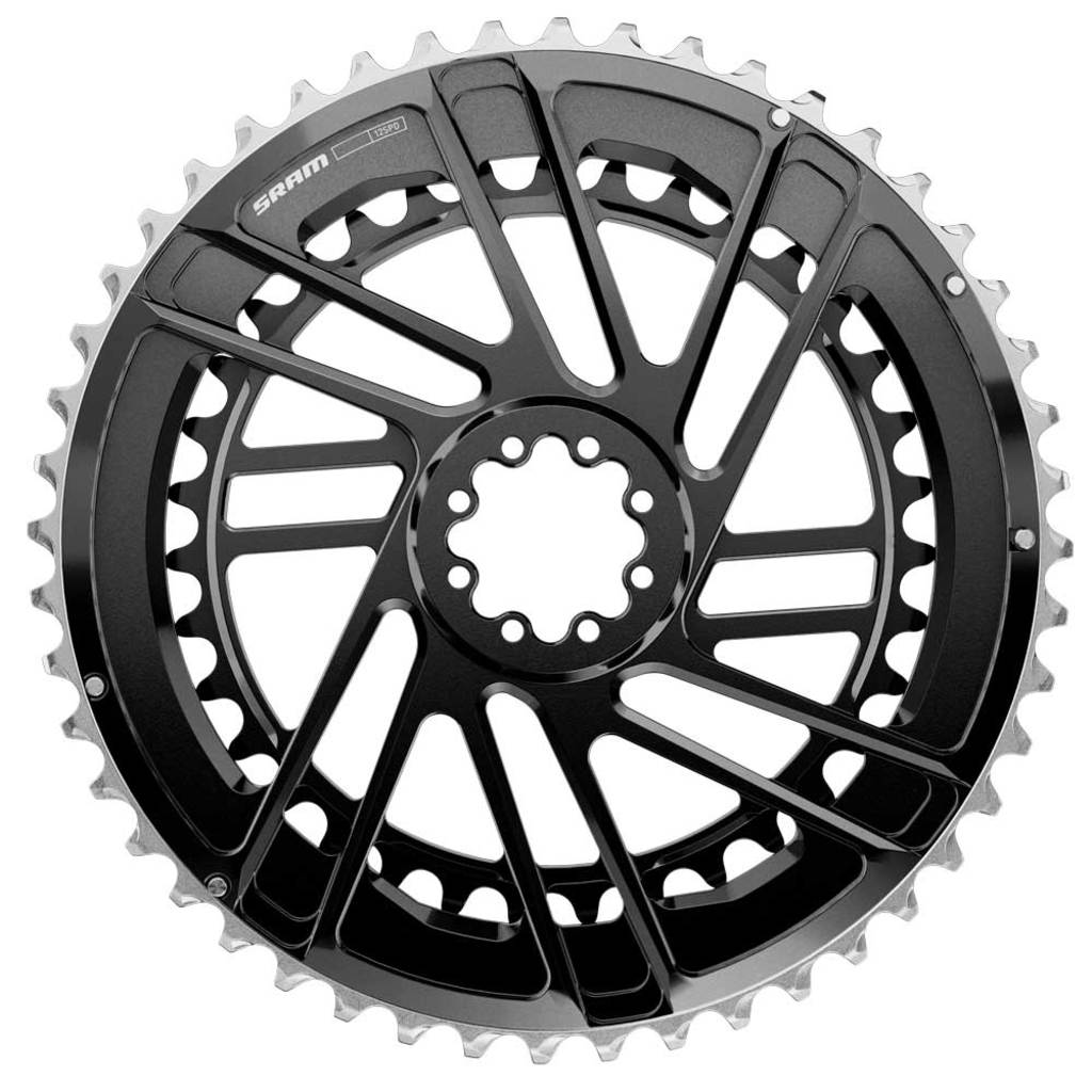 Zwart Sram Force E1 DM 12-speed kettingblad met 46T en 33T voor races en mountainbikes op de fiets.