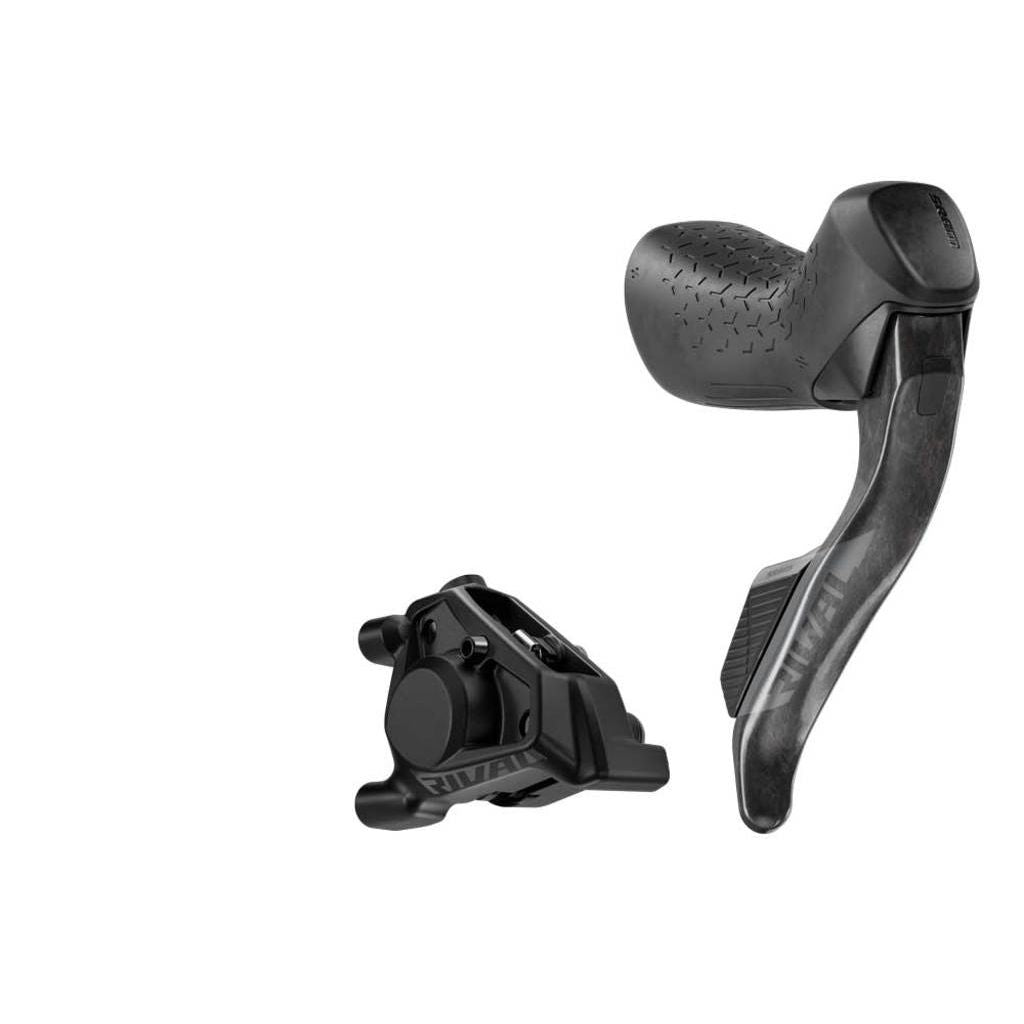 Zwarte Sram Rival Axs E1 12/13V hydraulische shifters van koolstof, zichtbaar op de afbeelding.