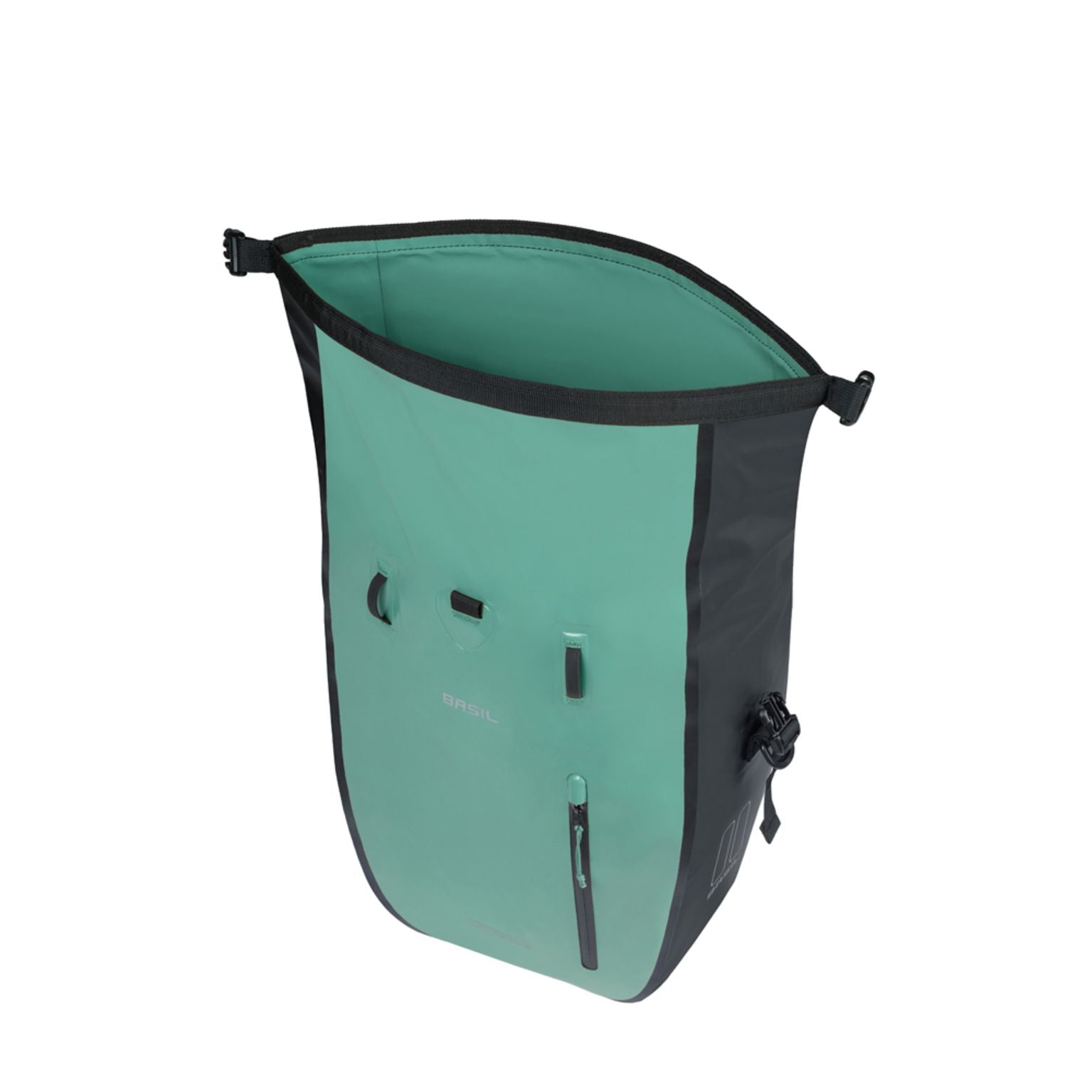 Basil Rivo L Mik fietstas enkele, 25-31 liter, waterdichte tarpaulin, bevestiging voor fiets, zwart en grijs design