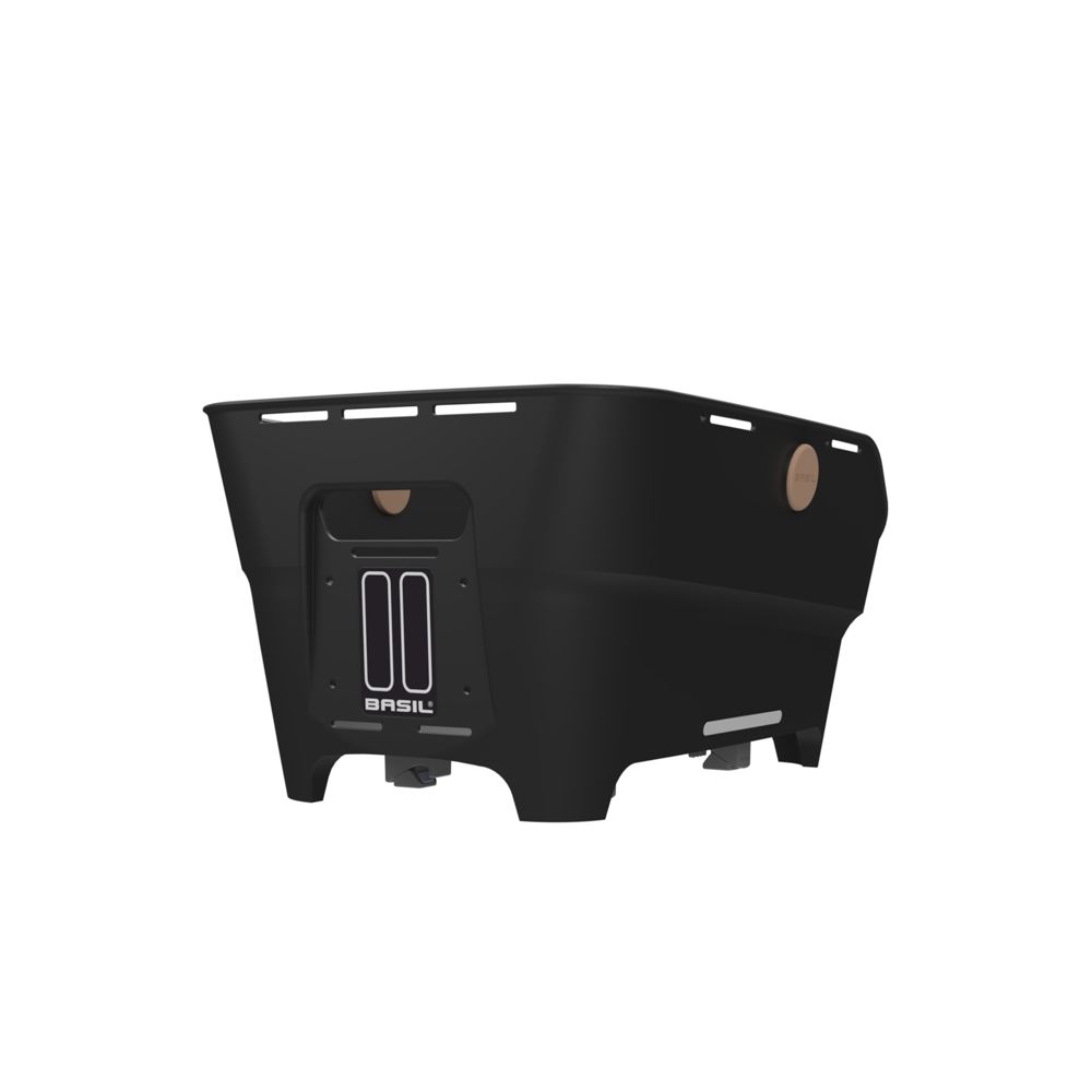 Basil Cento Neo WSL fietskoffer achter, recyclebaar PP, stevig en praktisch voor fietsen, in zwart met reflecterende details.