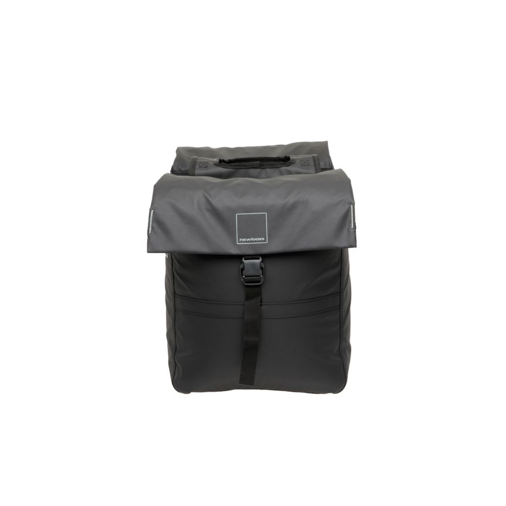 Nieuwe Looxs Leeds dubbele fietstas van gerecycled polyester met ruime 38 liter capaciteit, geschikt voor dagelijks gebruik.