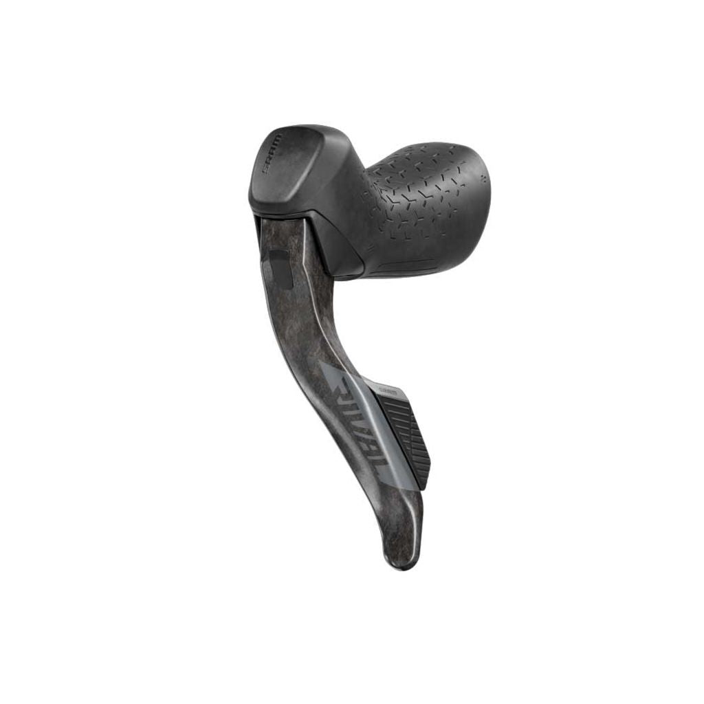 Zwarte Sram Rival Axs E1 12/13V hydraulische disc shifters voor 12-speed wielrenfiets, zichtbaar met bedieningsknoppen