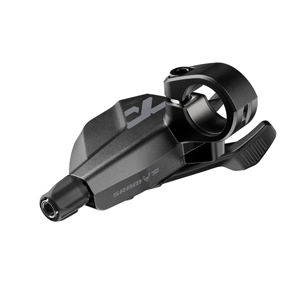 Zwarte Sram Eagle 70 T A2 12-speed achterversnelling shifter in aluminium, zichtbaar in close-up.