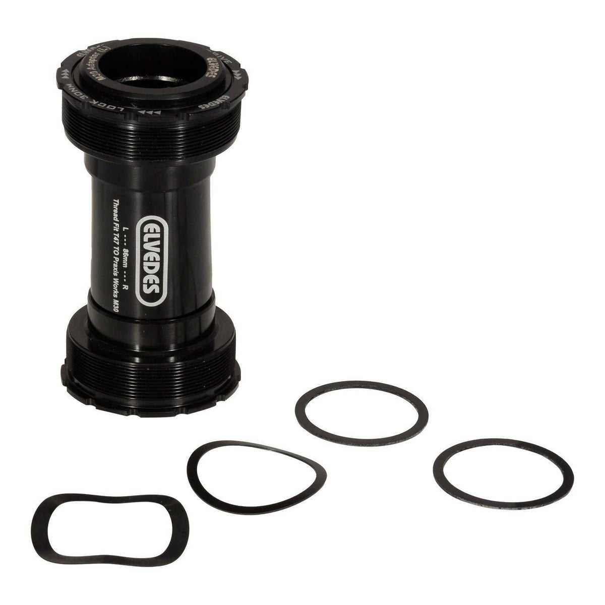 Zwarte Elvedes Trapas Cupset Threatfit T47 Praxis 86mm voor fietsonderdelen, zichtbaar op afbeelding.