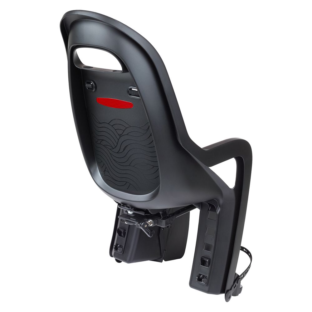 Zwart Polisport Groovy Mik-Hd achterzitje voor fiets, comfortabel en veilig achterop voor kinderen.