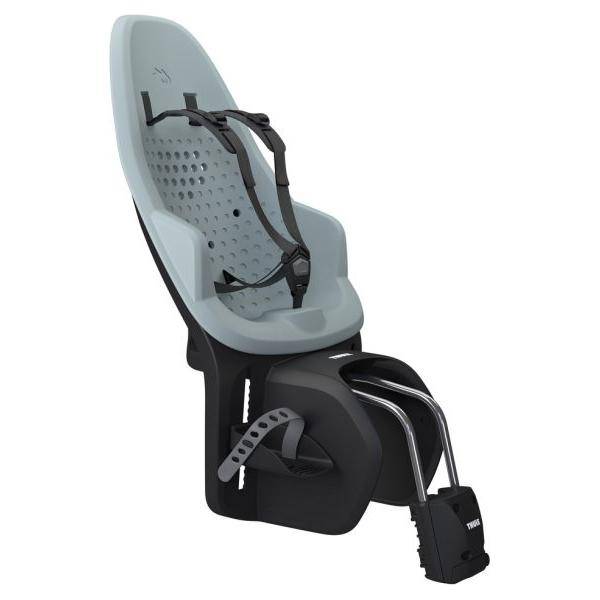 Thule Yepp 2 Maxi framebevestiging voor kinderzitje achter op fiets, zwart met bevestigingsmechanisme en uitrusting.