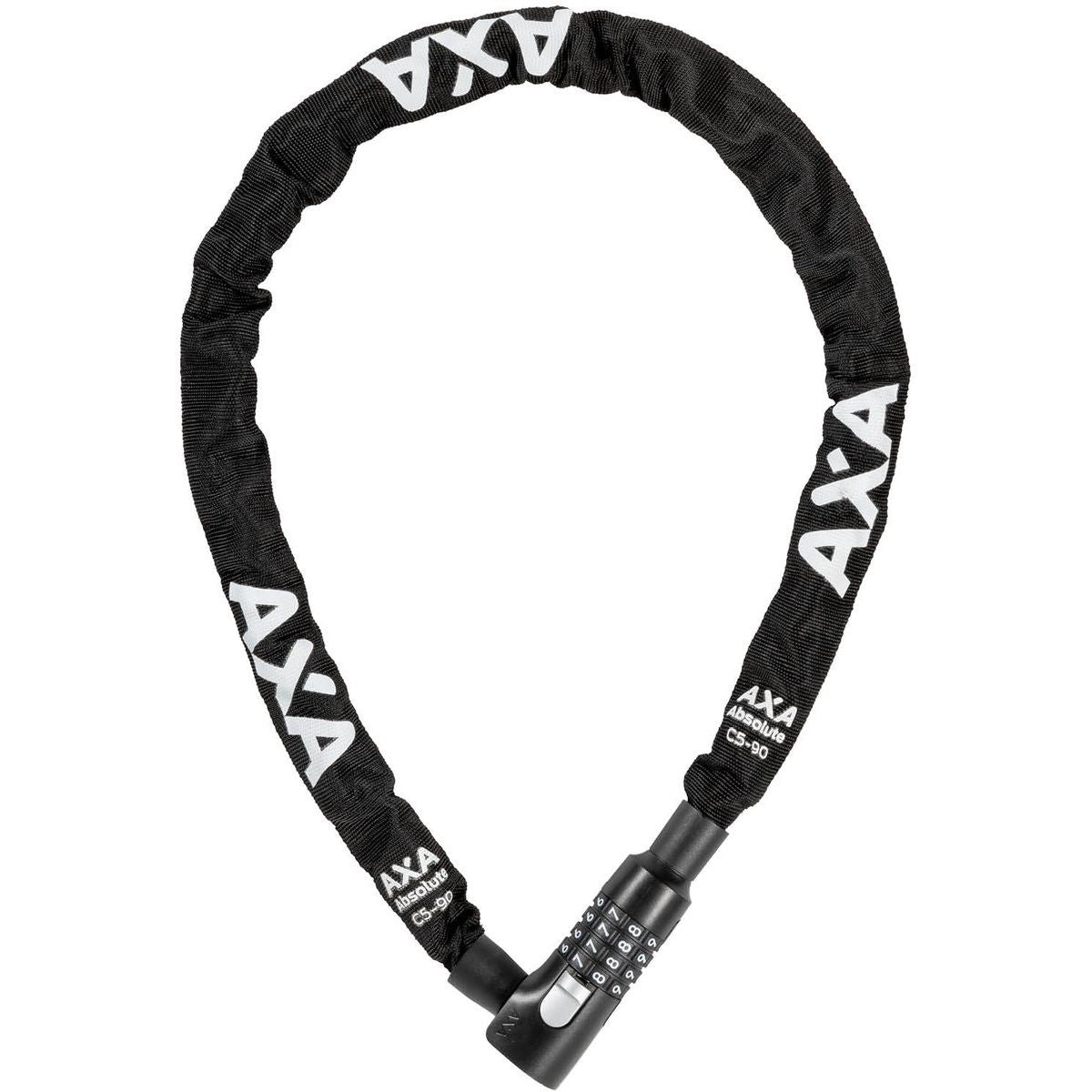 Zwart Axa Kettingslot Absolute C5-90 met stevige ketting en sleutels, geschikt voor beveiliging van fietsen of scooters.