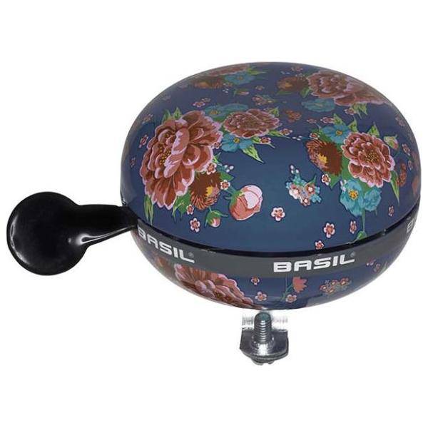 Fietsbel Basil Bloom Ø80mm, ronde fietsbellen met bloemenpatroon, geschikt voor stadsfietsen, in heldere kleuren.