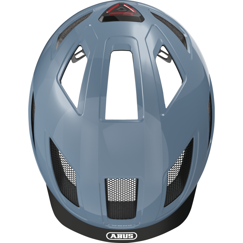 Abus Hyban 2.0 E-bike fietshelm in glacier blue met geïntegreerd LED-achterlicht en ventilerende ontwerp.