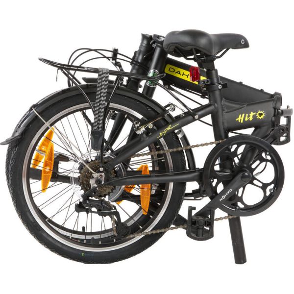 Zwarte Dahon Hit D6 vouwfiets, compact en makkelijk op te vouwen, geschikt voor stadsgebruik en reizen.