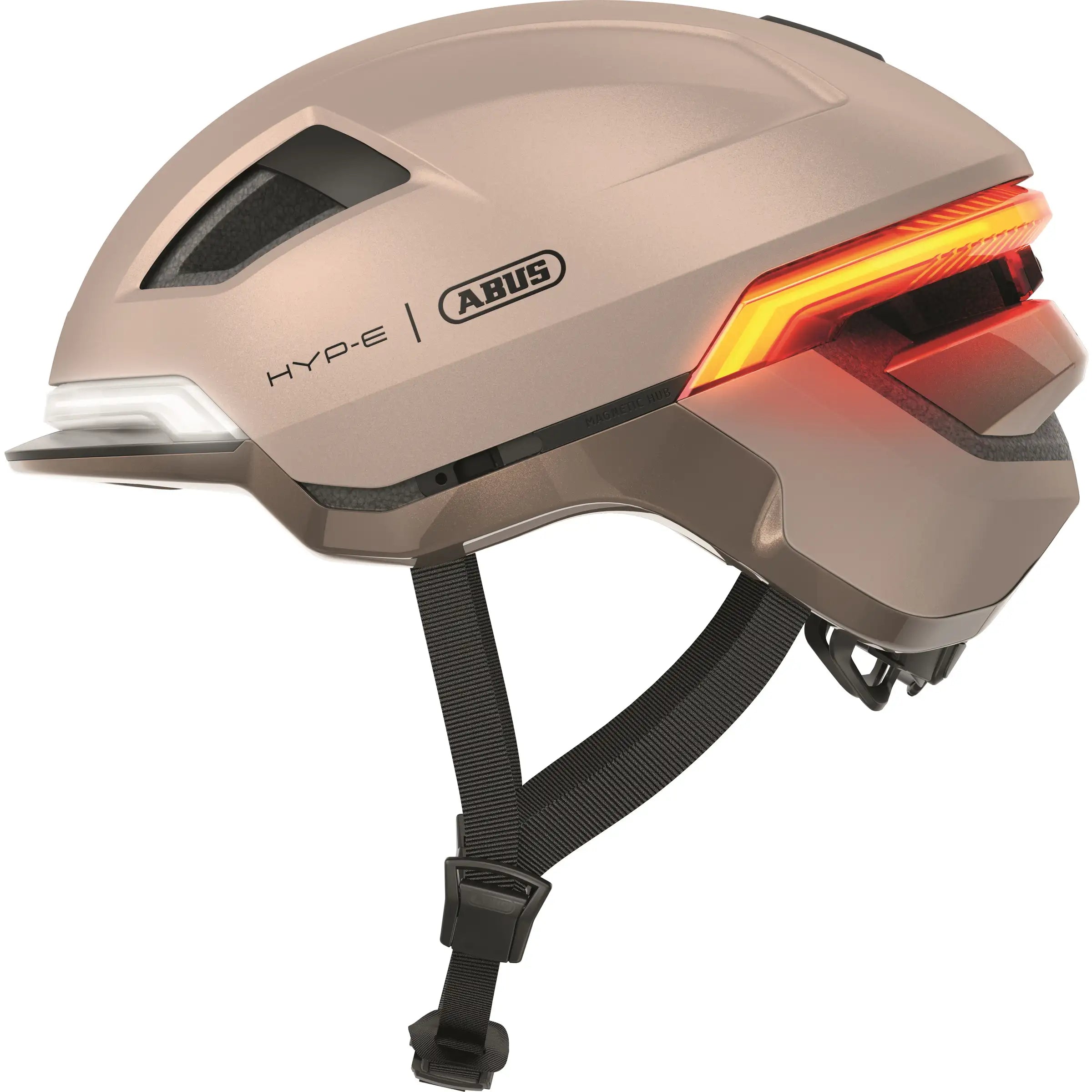 Abus Hyp-E Speed Pedelec helm met geïntegreerde verlichting en aerodynamisch ontwerp, geschikt voor elektrische fietsen.