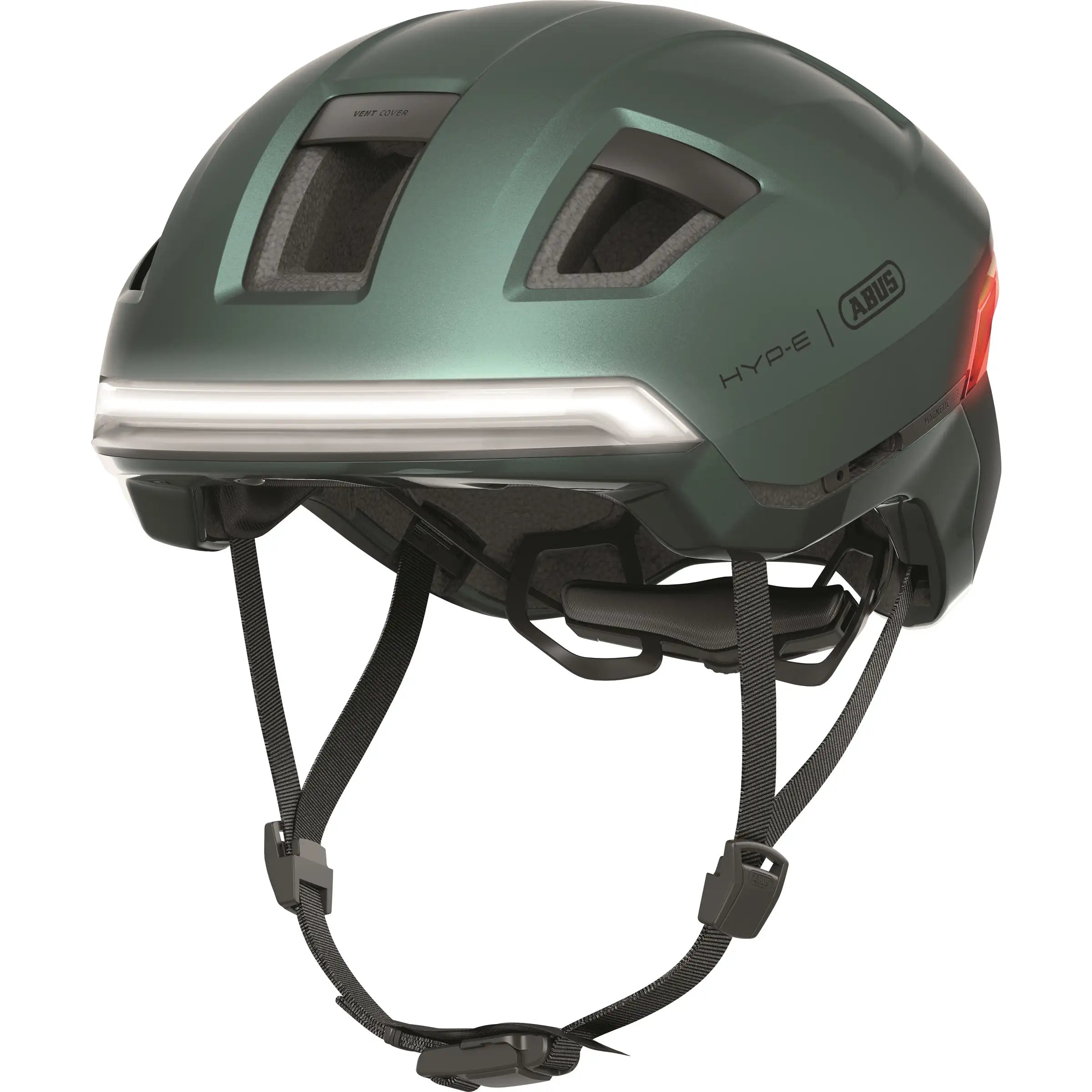 Abus Hyp-E Speed Pedelec fietshelm met geïntegreerde verlichting, zwart, lichte en aerodynamische helm voor snelle e-bikes.